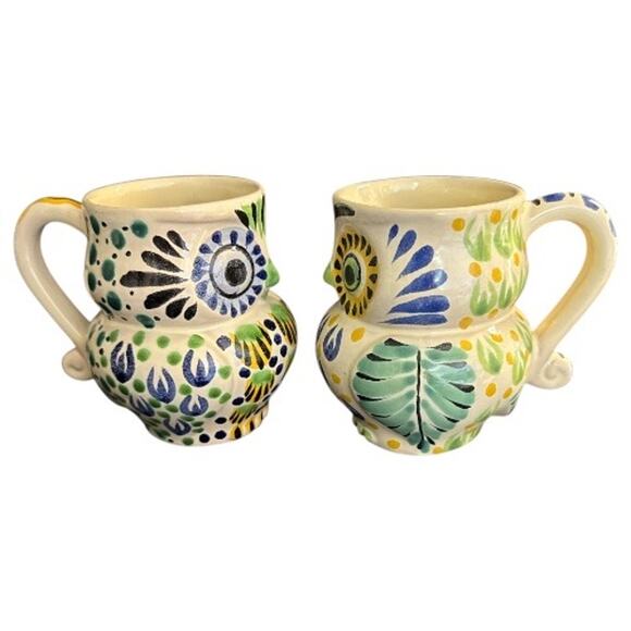 Anthropologie Gorky Gonzalez Mexican Pottery Hand Painted Owl Mug Set of 2 - Picture 2 of 10